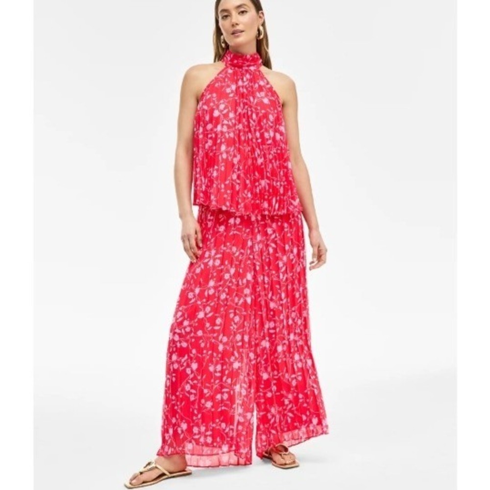 INC International Concepts 2 Piece Set Womens M Red Pink Floral Halter Wide Leg